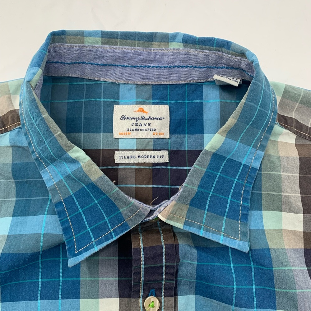 Tommy Bahama Blue and Brown Plaid Shirt XL - Picture 3 of 9
